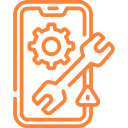 Symbol für Smartphone Reparatur mit Zahnrad und Schraubenschlüssel auf Handy-Display.
