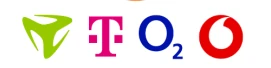 Logos der Mobilfunkanbieter Telekom, O2, Vodafone und ein grünes Symbol auf weißem Hintergrund.